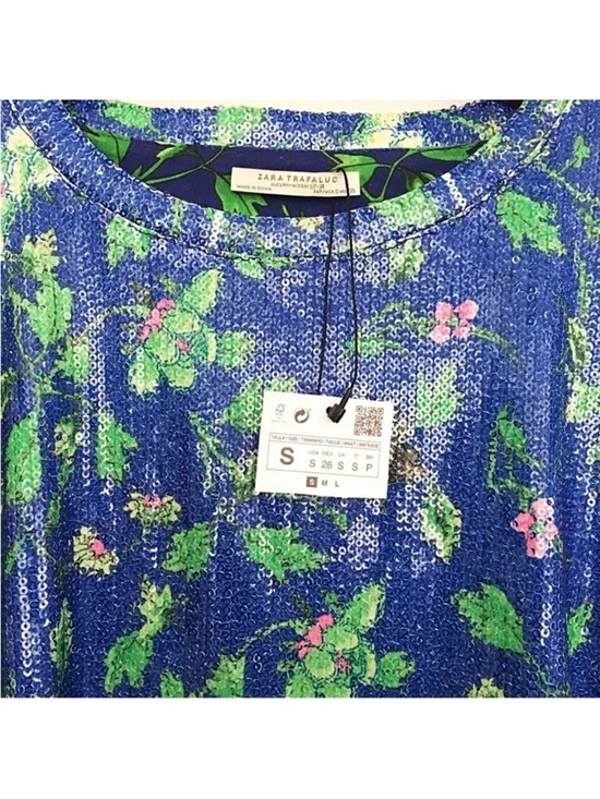 ZARA Blue Pink and Green Floral Sequin Top - Picture 7 of 8